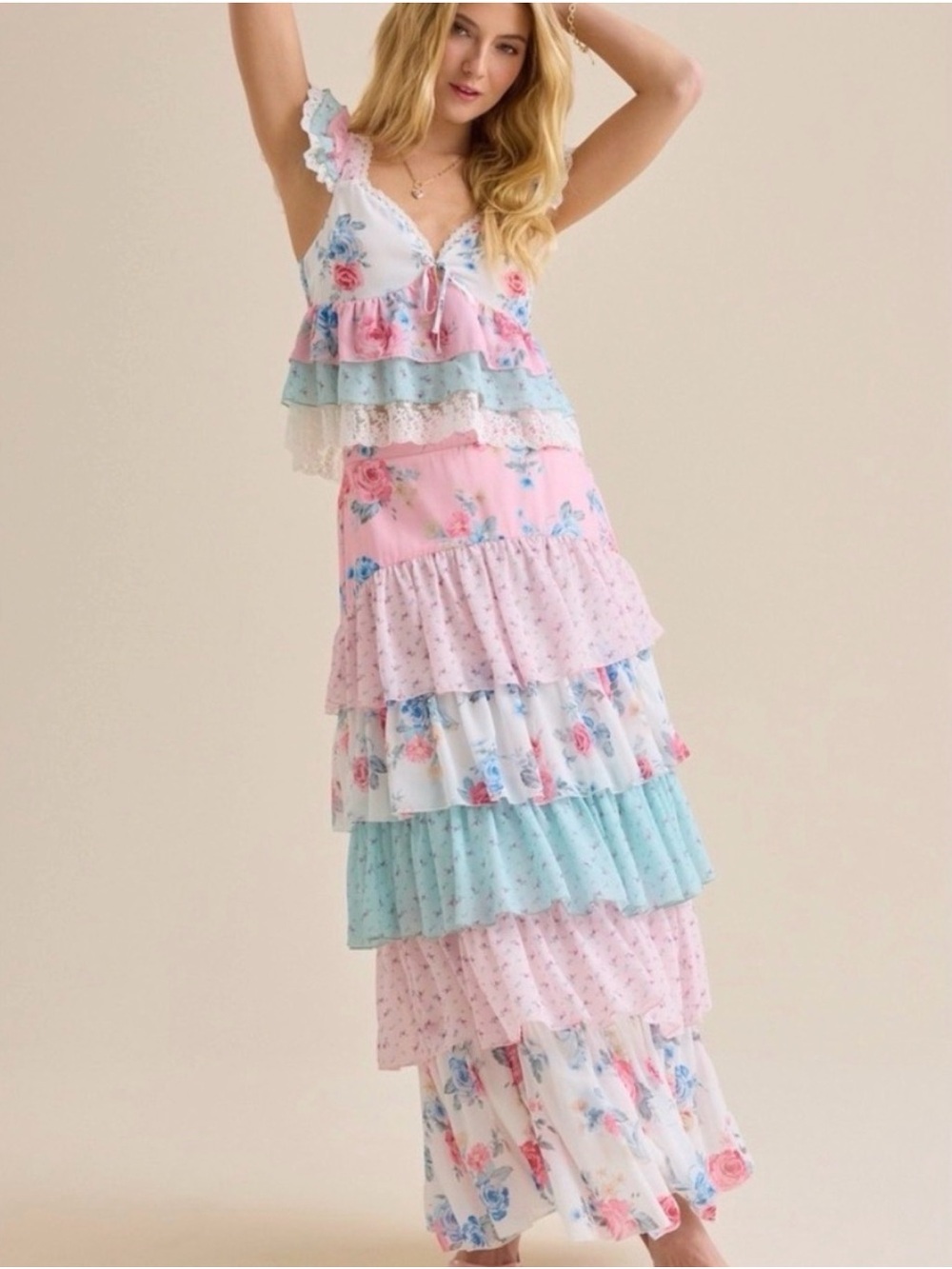 Altar’d State Floral Tiered Maxi skirt - Pink, Blue, White NWT XS CUTE